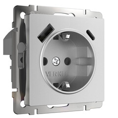 Розетка с заземлением, шторками и USB тип A+C  (серебряный матовый) W1171765, фото 