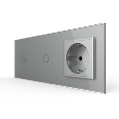 Двухклавишный импульсный выключатель с розеткой (1-1-0) серый, фото 