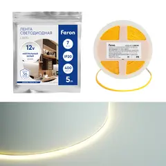 Светодиодная COB лента Feron LS630, 400SMD(2110)/ 7Вт/м 12V 5000*3*1.8мм 4000K, IP20, фото 