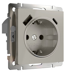 Розетка с заземлением, шторками и USB тип A+C (дымчатый) W1271704, фото 