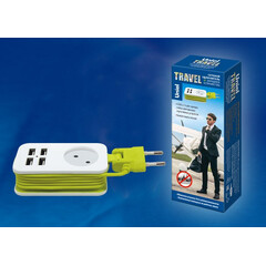 S-CT1-1,5U WHITE/GREEN Удлинитель серии Travel, шнур 1,5м., 1 гнездо, б/з, 4USB(2,1A). Белый с салатовым. ТМ Uniel, фото 