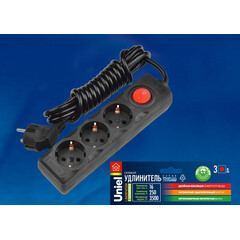 S-GCD3-3B BLACK Удлинитель серии Standart, шнур 3м., 3 гнезда, с/з. Черный. TM Uniel., фото 