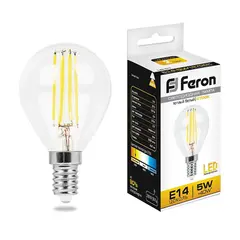 Лампа светодиодная филаментная Feron E14 5W 2700K Шар Прозрачная LB-61 25578, фото 