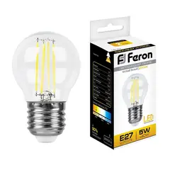 Лампа светодиодная филаментная Feron E27 5W 2700K Шар Прозрачная LB-61 25581, фото 