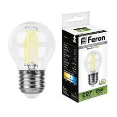 Лампа светодиодная филаментная Feron E27 5W 4000K Шар Прозрачная LB-61 25582, фото 