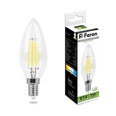 Лампа светодиодная филаментная Feron E14 7W 4000K Свеча Прозрачная LB-66 25780, фото 