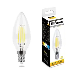Лампа светодиодная филаментная Feron E14 7W 2700K Свеча Прозрачная LB-66 25726, фото 