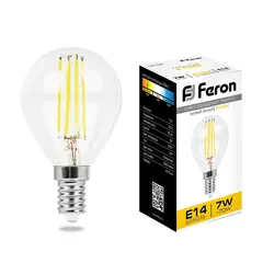 Лампа светодиодная филаментная Feron E14 7W 2700K Шар Прозрачная LB-52 25874, фото 