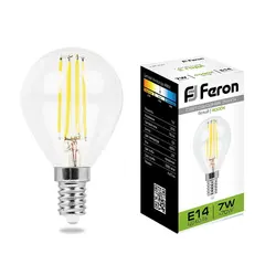 Лампа светодиодная филаментная Feron E14 7W 4000K Шар Прозрачная LB-52 25875, фото 