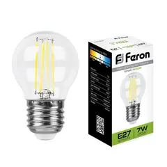 Лампа светодиодная филаментная Feron E27 7W 4000K Шар Прозрачная LB-52 25877, фото 
