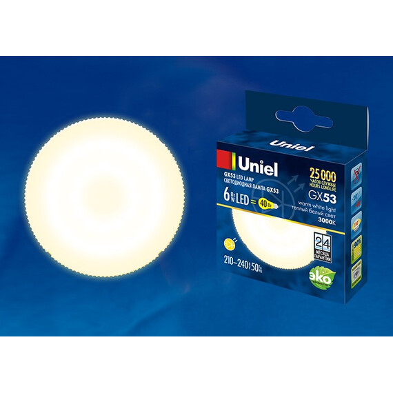 LED-GX53-6W/WW/GX53/FR PLZ01WH Лампа светодиодная, матовая. Теплый белый свет. Картон. ТМ Uniel., фото 