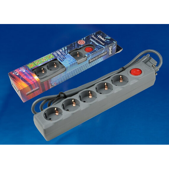 S-GSU5-3 GREY Cетевой фильтр серии Universal, 3м (Пвс 3*0,75), 5 гнезд, с/з. 10А. Защита от перенапряжения, короткого замыкания. TM Uniel., фото 
